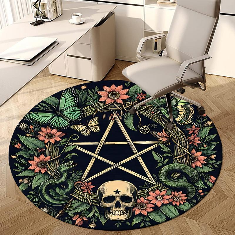 1pc Office Carpet Chair Mats Pentagram with Skull, Butterflies, and Floral Wreath Perfect for Decorating Office Chairs, Living Rooms, Or Bedrooms.YDT0