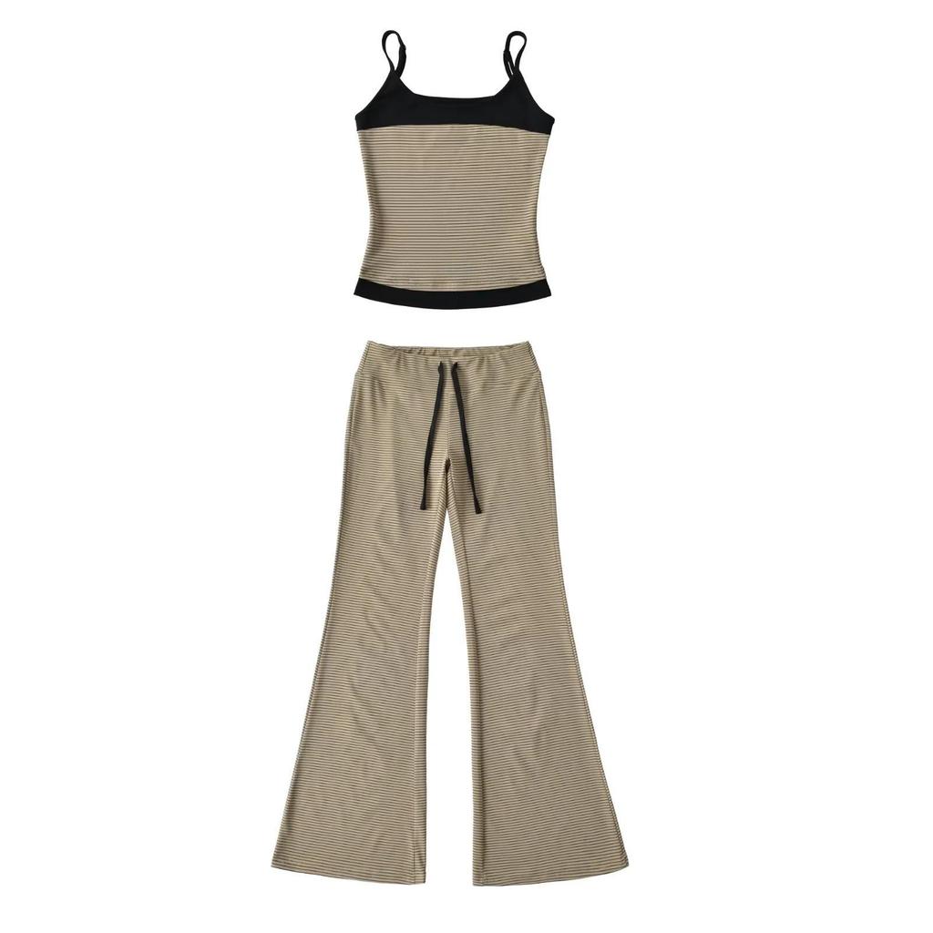 Koreanisches Farbblock-Streifen-Camisole & Hose mit Kordelzug und Schlag