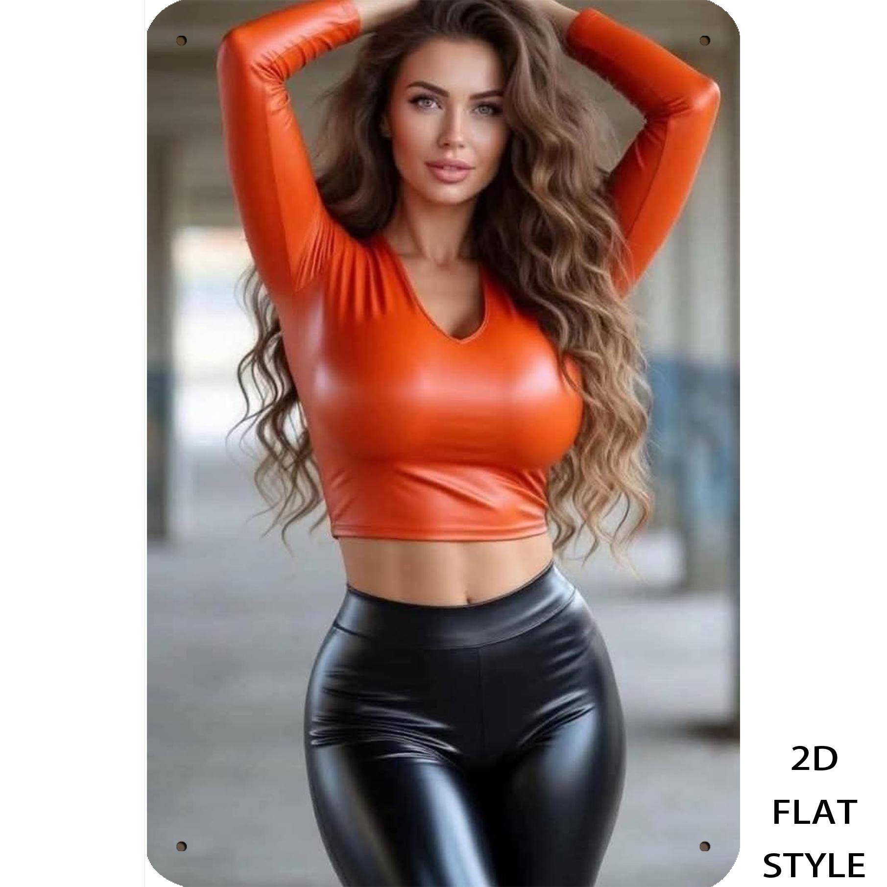 

HD Metal Tin Sign Gorgeous CurlyHaired Woman in Orange Leather Crop Top Black Leather Pants Outdoor Scene Vintage Wall Art Pl 20x30cm（7.8x11.8inch）