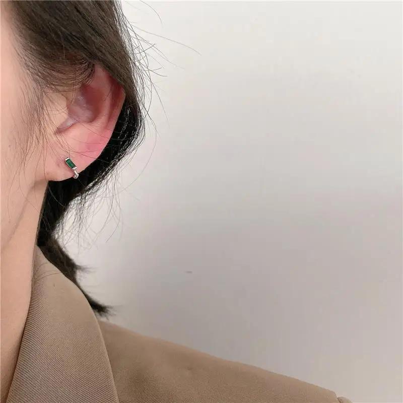 Sell Trendy 925 Silver Squre Green Hoop Earrings for Women Real Silver Ear Studs Initial Earrings