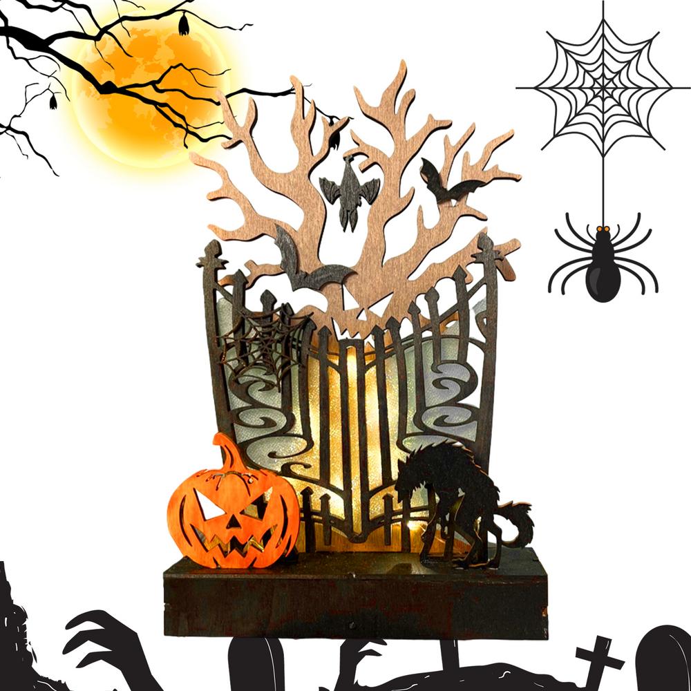 Light Up Haunted House Halloween Themed Table Topper Wooden Spooky Tabletop Light Battery Operated Ghost House Decoration