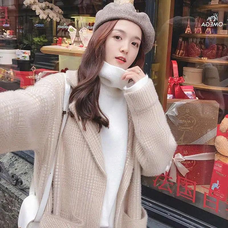Faux Mink Cashmere Popular Plaid Coat Winter Women's New Korean Version of The Coat Long Lapel Woolen Coat