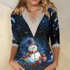 Women's Loose Casual Three-quarter Sleeve V-neck Lace Loose Christmas Print T-shirt Top