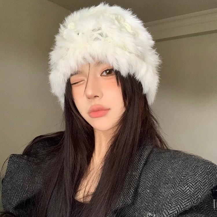 Rabbit Fur Plush Hat Women's Autumn and Winter Hollow Crochet Knitted Hat Thickened Warm Face Small Wool Hat Baotou Hat Tide