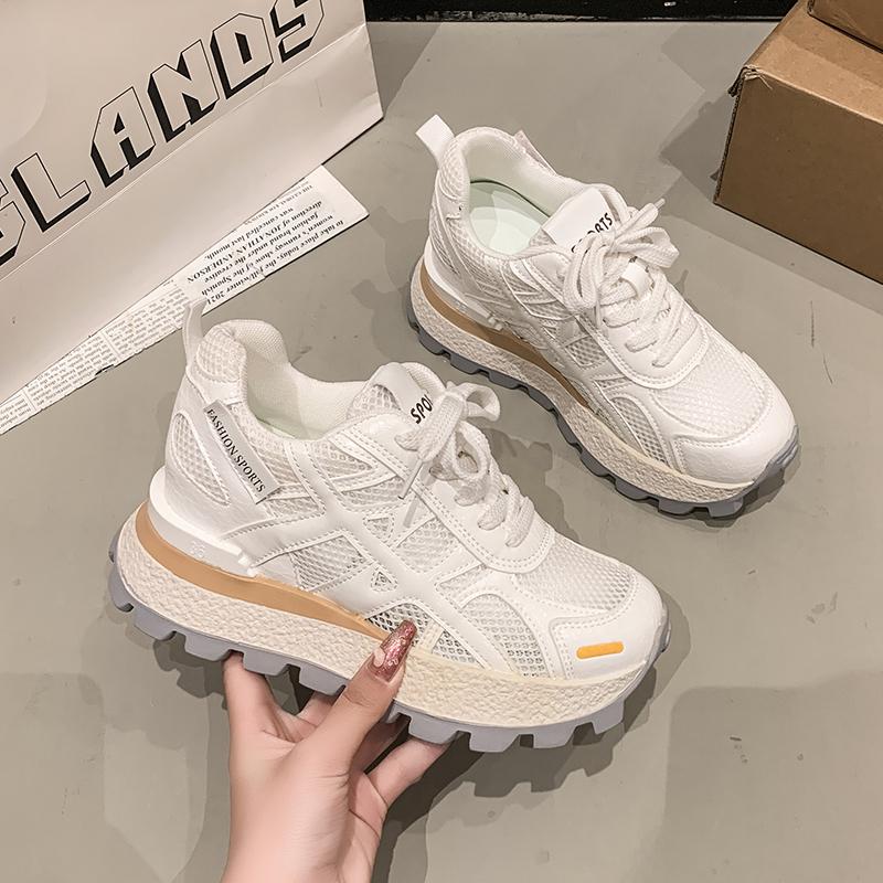 Fashion 7.5cm Air Mesh Micrifiber Leather Breathable Vulcanize Summer Chunky Sneakers Hollow Casual Platform Wedge Women Shoes