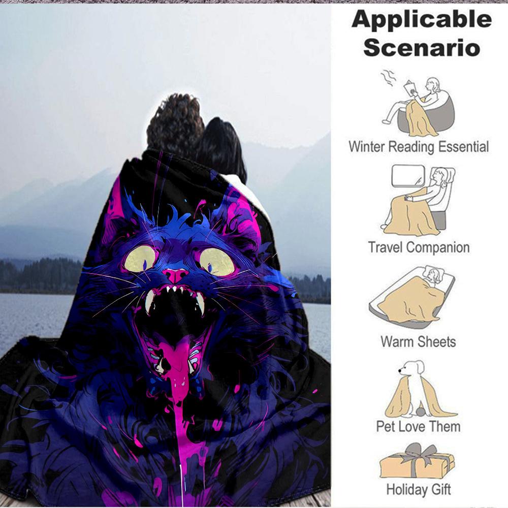 1pc Neon Kitty "Purple Purr" Blanket, Lightweight Flannel Throw Blanket For Sofa, Bed, Travel, Camping, Living Room, Office, Couch, Chair, And Bed