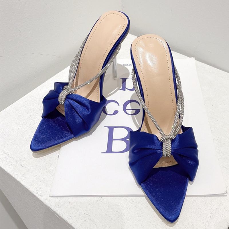 Móda Novinka Zelené Hedvábné Křišťálové Muly Vysoké Podpatky Pantofle Sandály Špičaté Strappy Nazouváky Párty Společenské Boty Dámské Lodičky