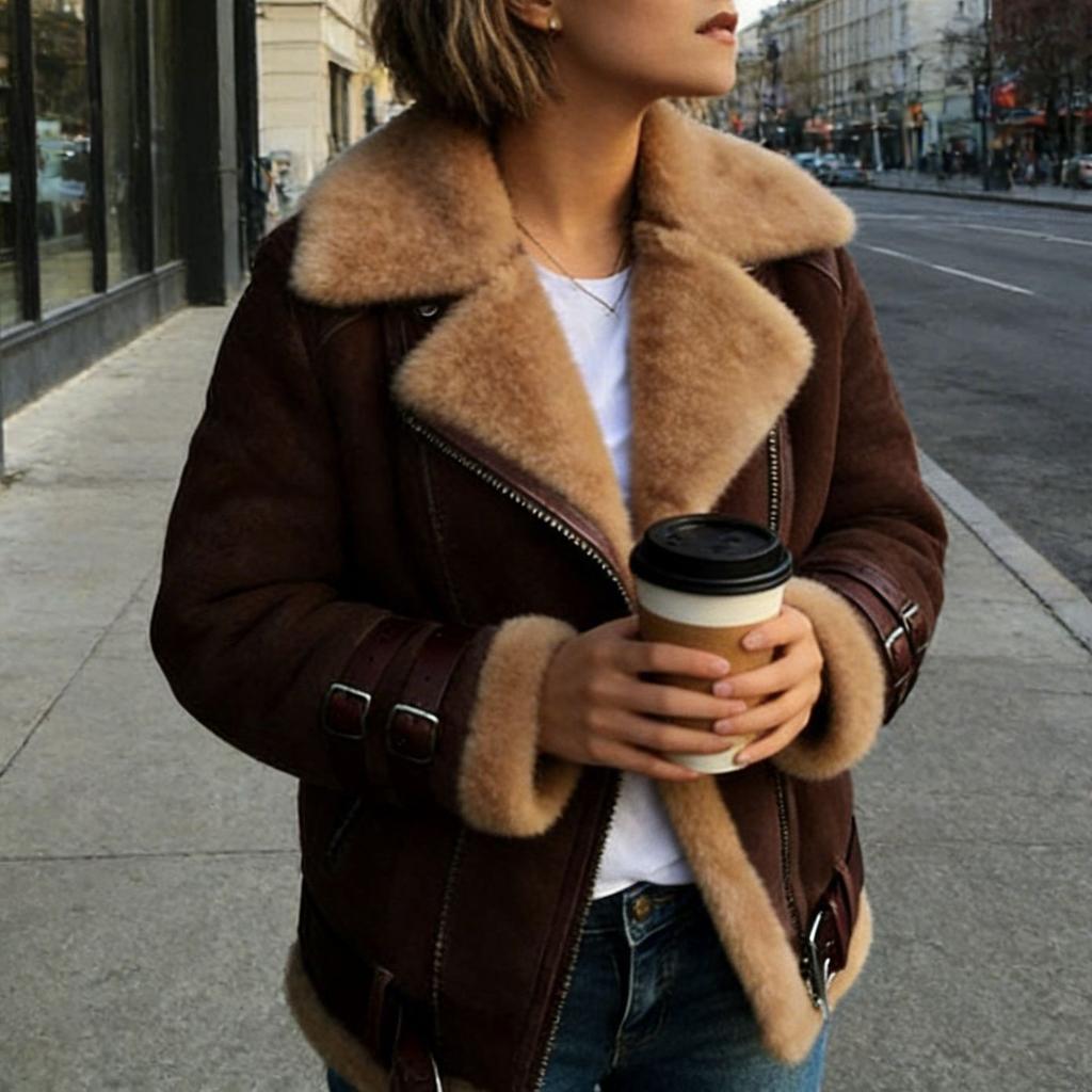 Women Faux Suede Shearling Lined Jacket Lapel Zip Up Biker Coat Winter Warm Thicken Motorcycle Outerwear