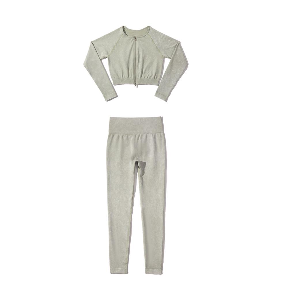 Auf Lager: Sandgewaschener Nahtloser Strick-Yoga-Anzug in Faux-Denim-Optik mit Doppelreißverschluss für Damen - Europäisches und Amerikanisches Langarm-Fitness-Set