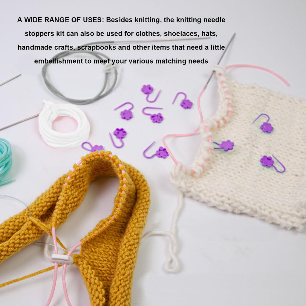 Silicone Knitting Stitches Holder Set Needle Stoppers Kit with Crochet Hook Clamp Hollow Tubing