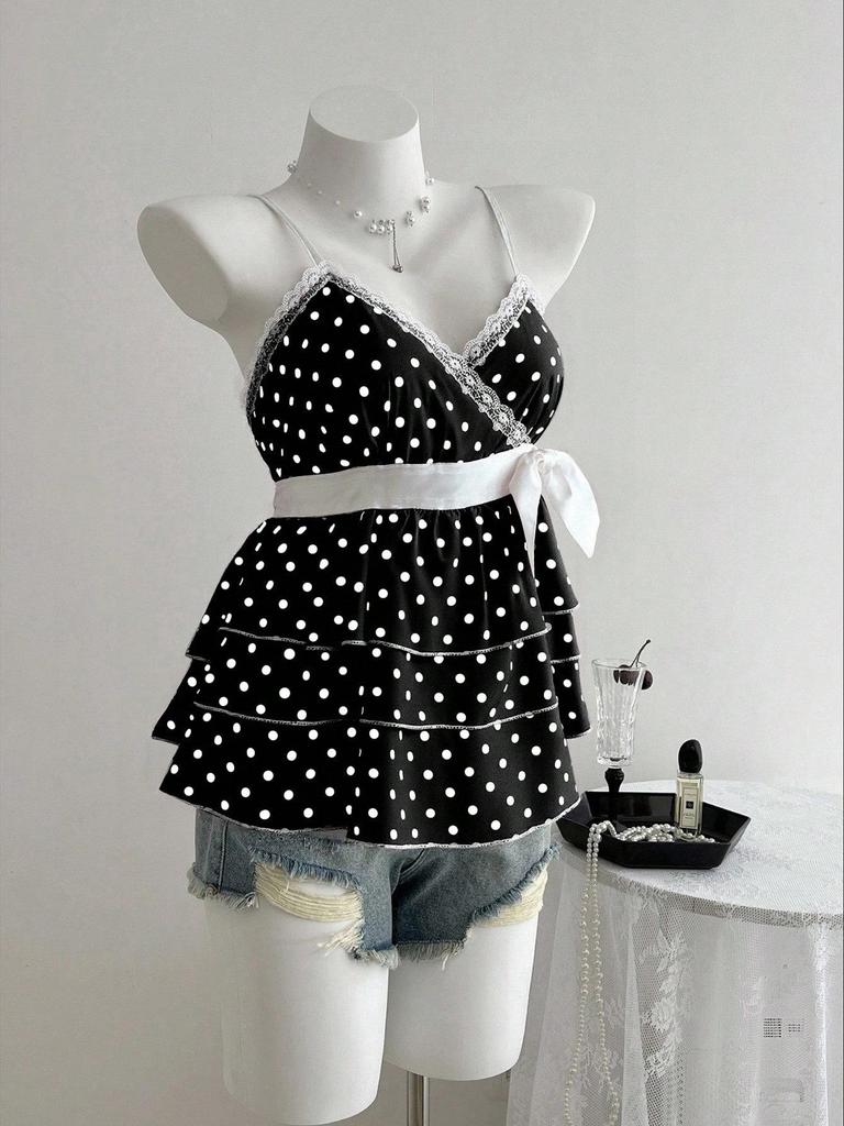 Women's Black & White Polka Dot Spaghetti Strap Lace Tank Top - Sweet & Spicy Spring/Summer Style