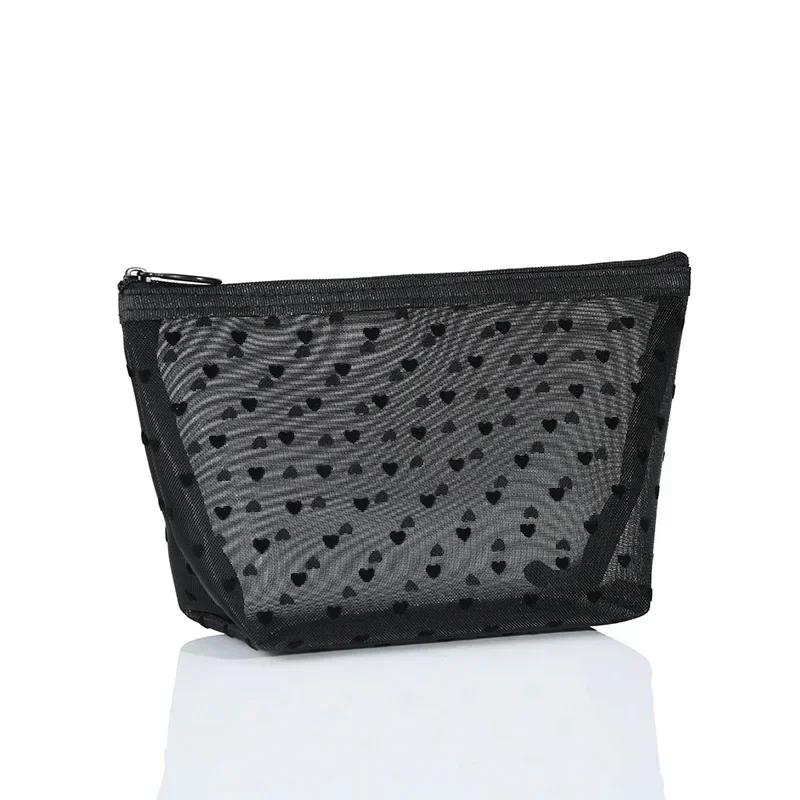 Women Cosmetic Pouch Toilet Storage Bag Ladies Toiletry Lipstick Key Coin Organizer Bags Purse Heart Transparent Mesh Makeup Bag