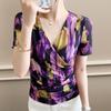 2025 Sommer Damen Slim Fit Mesh-Print V-Ausschnitt Rüschen Kurzarm Mode Top