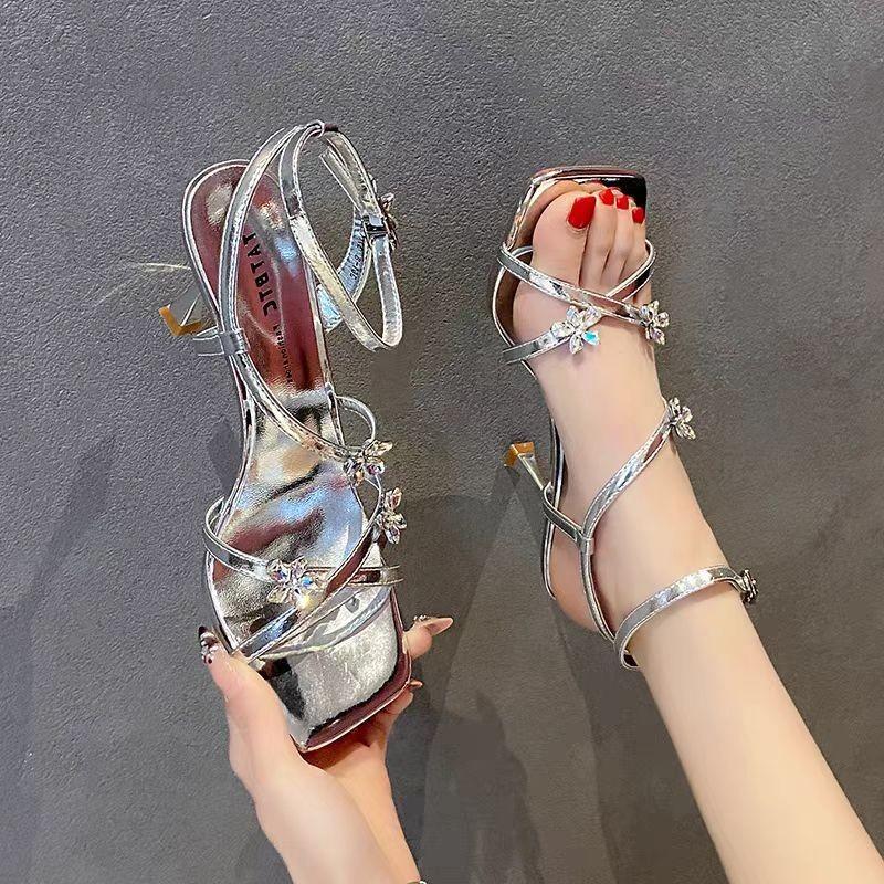 Fashion Butterfly Water Diamond One-line Buckle Slim Heel Sandals for Women, 2025 New Summer Everyday High Heel Buckle