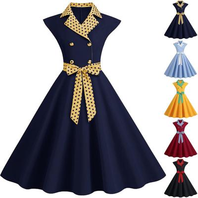 Women's Fashionable Suit Collar Polka Dot Casual Solid Color Large Swing Dress with Belt