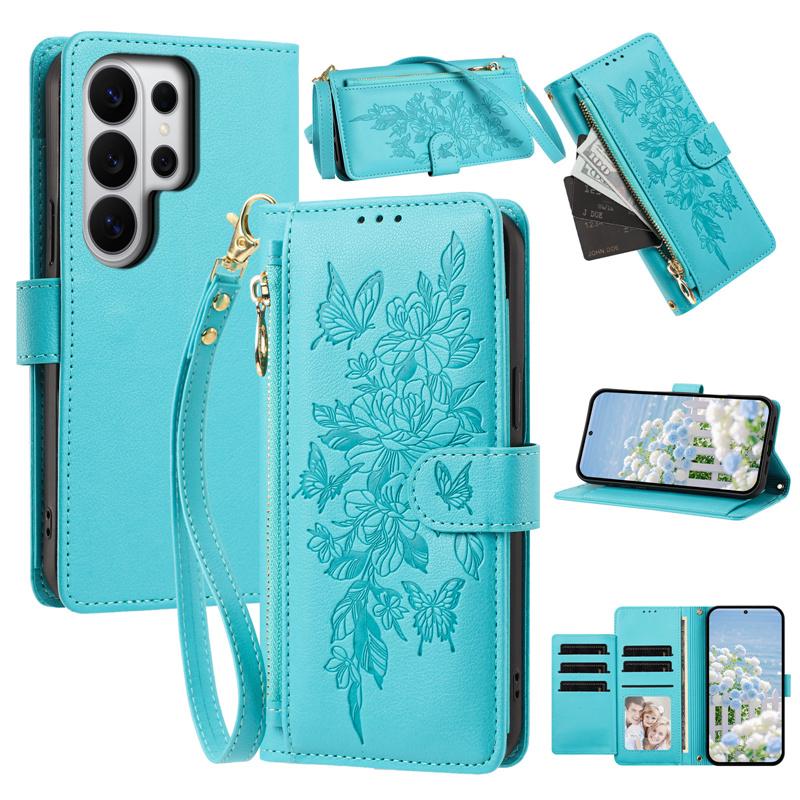 Modische Reißverschluss-Geldbörse Karten-Handyhülle für Samsung Galaxy S26 Ultra S25 FE S24 S23 S22 Plus Armband Flip Leder-Rückseite