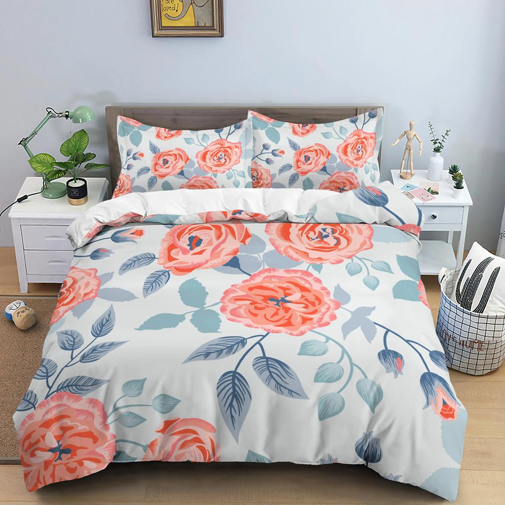 Flower Bedding Set Colorful Floral Duvet Cover Queen King Size Green Leaves Blossom Quilt Cover 2/3Pcs Polyester Comforter Cover