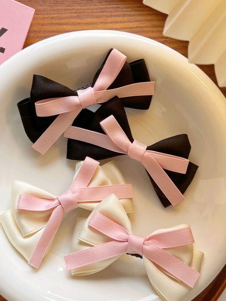 Sweet Pink Ribbon Bow Hairpin: New Korean Black Duckbill Clip for Girly Bangs