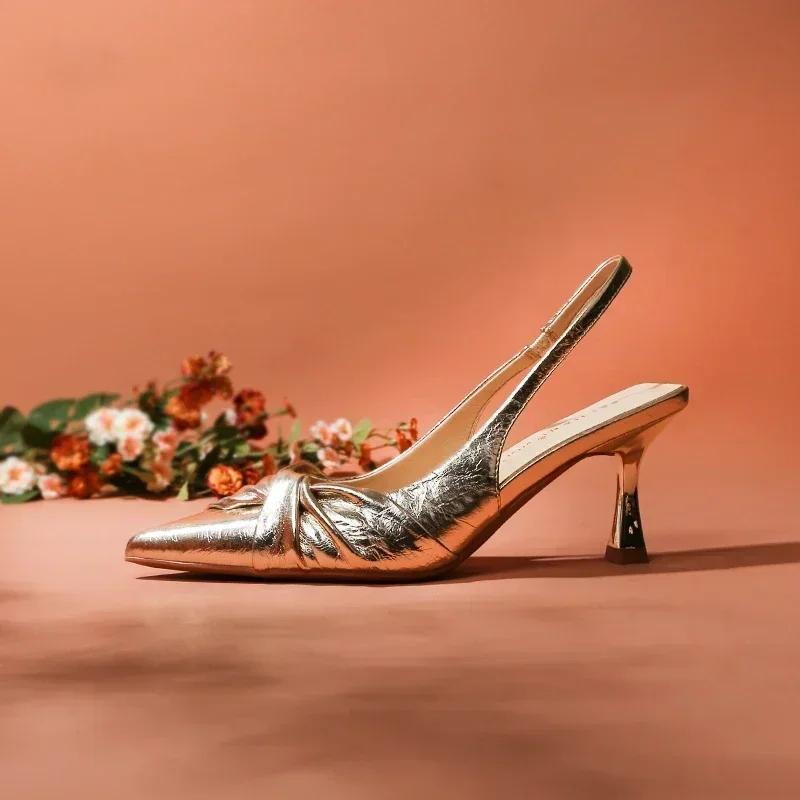 Golden Pleated Sexy Women's Sandals Pointed High Heeled Fashion Banquet High Heeled Shoes Women Pumps Zapatos De Mujer Tacones