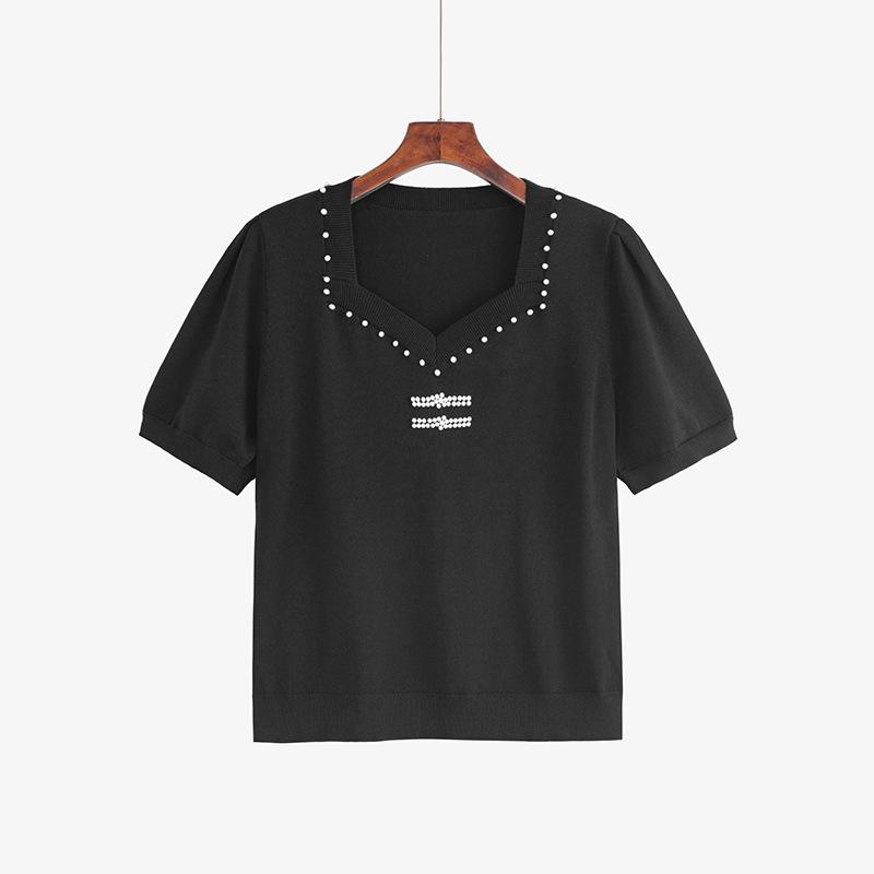 Plus Size T-shirt Women's Beaded Square Neck Blouse Spring Summer Loose Short-sleeved T-shirt Knitwear
