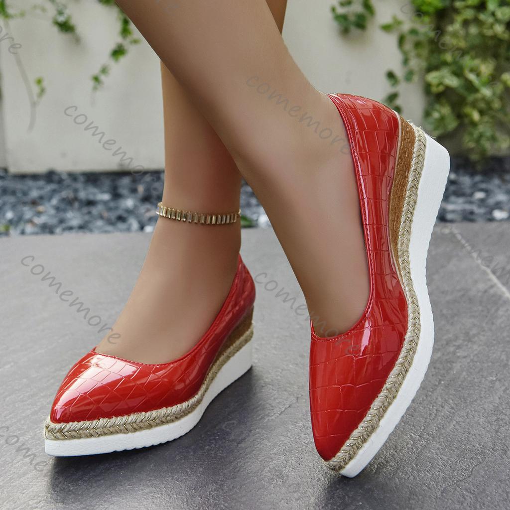 Fashion Comemore New Style Woven Hemp Rope Platform Women Single Shoes Casual Slip On Pointed Toe Wedge High Heels Pumps Shoes for Women