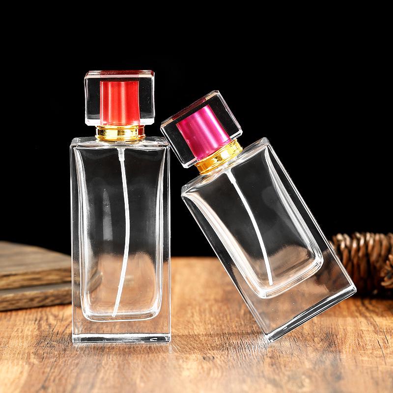 Transparent Glass Perfume Decanter with Press-Type Spray, 50/100ml, Flat Square Bayonet Design