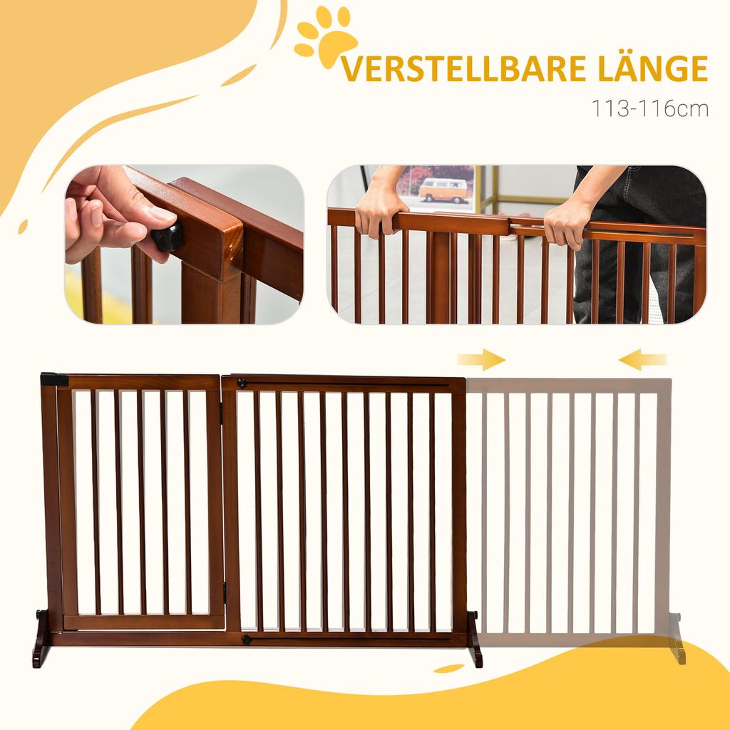 Dog Gate Freestanding Adjustable Safety Gate with Feet 113-166 x 71 cm Wood for Stairs, Doors, Kitchen, Hallway, 3 Panels, Brown