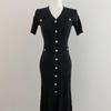 Knitted Black Bodycon Korea Style Ruffle Ladies Short Sleeves Midi Dresses Elegant Casual V-neck Mermaid Dress for Women Summer 2026