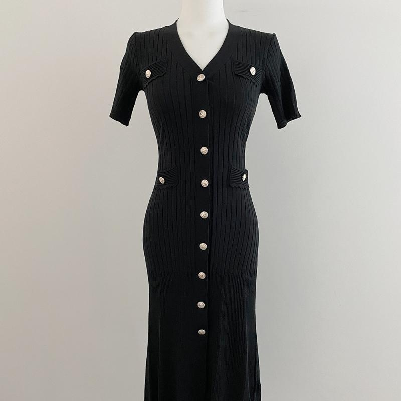 Knitted Black Bodycon Korea Style Ruffle Ladies Short Sleeves Midi Dresses Elegant Casual V-neck Mermaid Dress for Women Summer 2026
