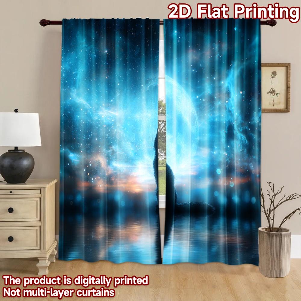 2D Flat Printing 2pcs Curtains Black Cat Blue Moon Starry Sky Digital Printed Polyester Drapes Festive Wall Decor Perfect for