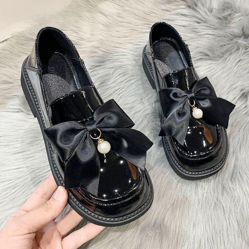 Black Round Toe Loafers Shoes for Women With Bow Low Heel Elegant Woman Pumps High Quality 39 Chic Point Popular Young Y2k Shoe