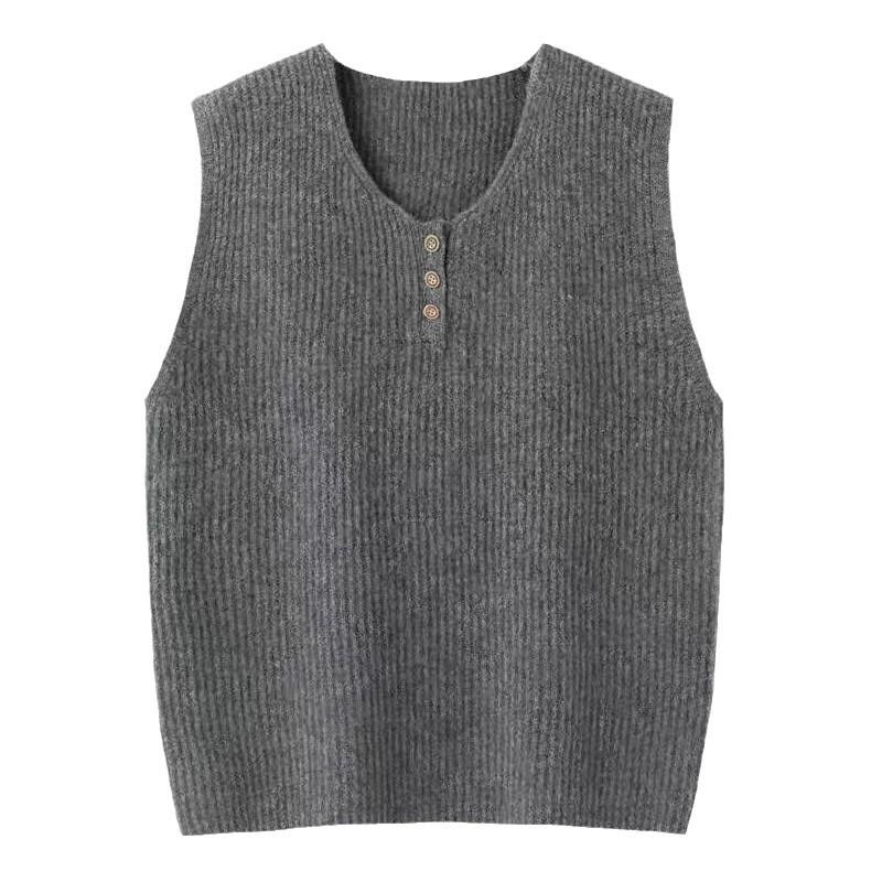 Round Neck Three-Button Knitted Pullover Vest - Loose Sweater for Autumn and Winter