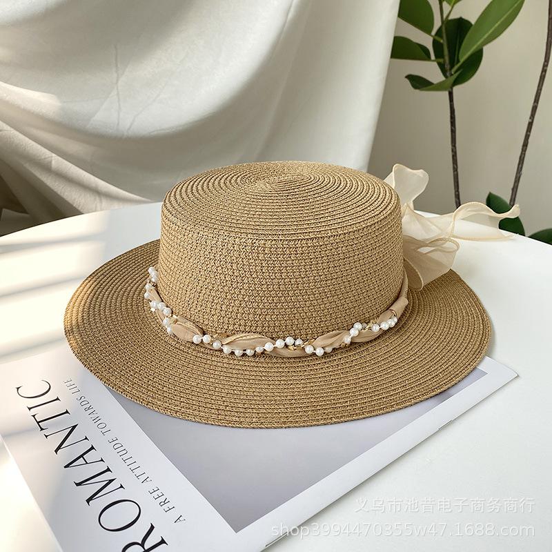 French lace streamer large brim beach hat seaside play straw hat women's sun protection versatile fashion rhinestone flat top hat