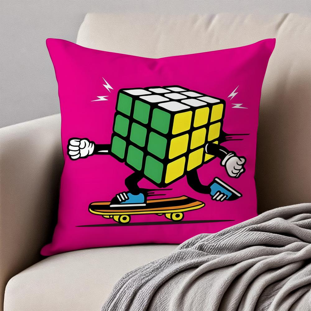 Creative Magic Cube Puzzle Design Art Cushion Cover Pillowcase Antidustmite Invisible Zipper Short Plush Sofa Cushion