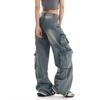Women's High Waist Wide Leg Cargo Jeans Light Weight Slight Stretch Vintage Washed Multi Pocket Y2K Streetwear Floor Length Denim Trousers