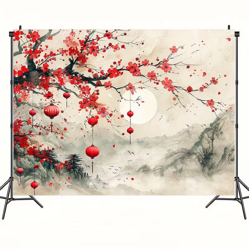 2D Elegant Oriental Plum Blossom and Lanterns Background Cloth