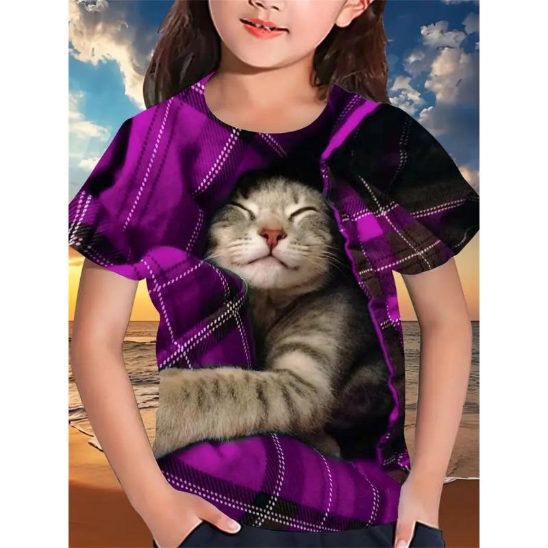 Top s kulatým výstřihem a 3D potiskem kočky, ležérní dětské dívčí tričko s krátkým rukávem - Měkká středně elastická polyesterová tkanina, letní oblečení volného střihu