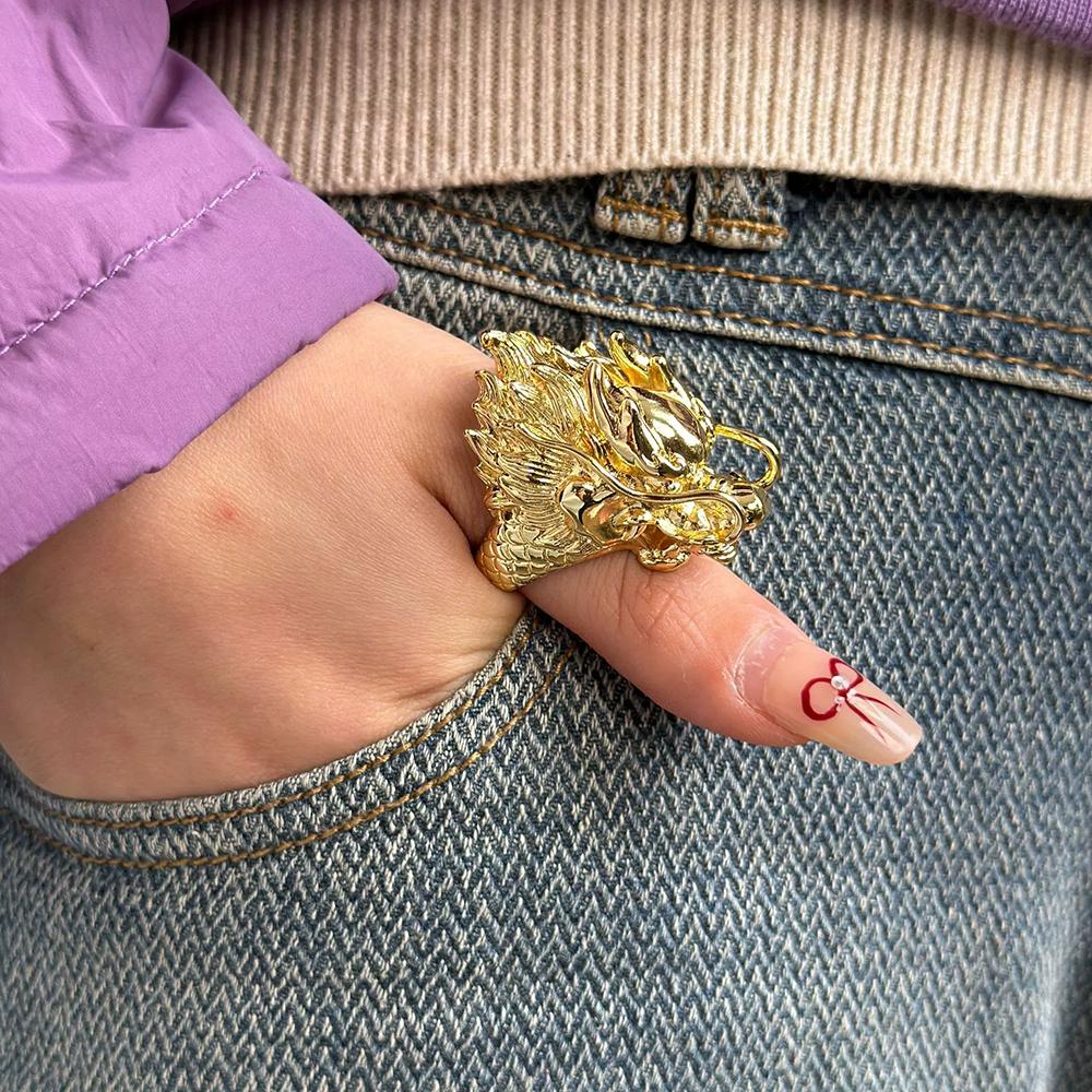 Punk Dragon Head Shape Personality Exaggerated Ring Men And Women Gold Opening Fashion Domineering Ring Jewelry
