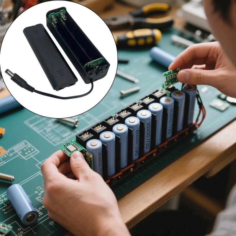 DC5521 Male Connector Battery Case with Safety Cover and Power Switches Holds 8 2A Cells for LED Lights and DIY