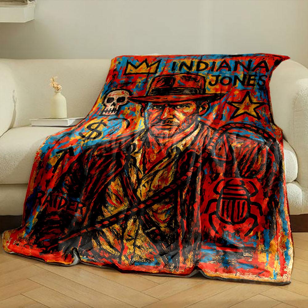 Bold, Colorful Depiction of Indiana Jones Elements In Abstract Strokes. for All Seasons Blanket Lunch Break Throw Gift
