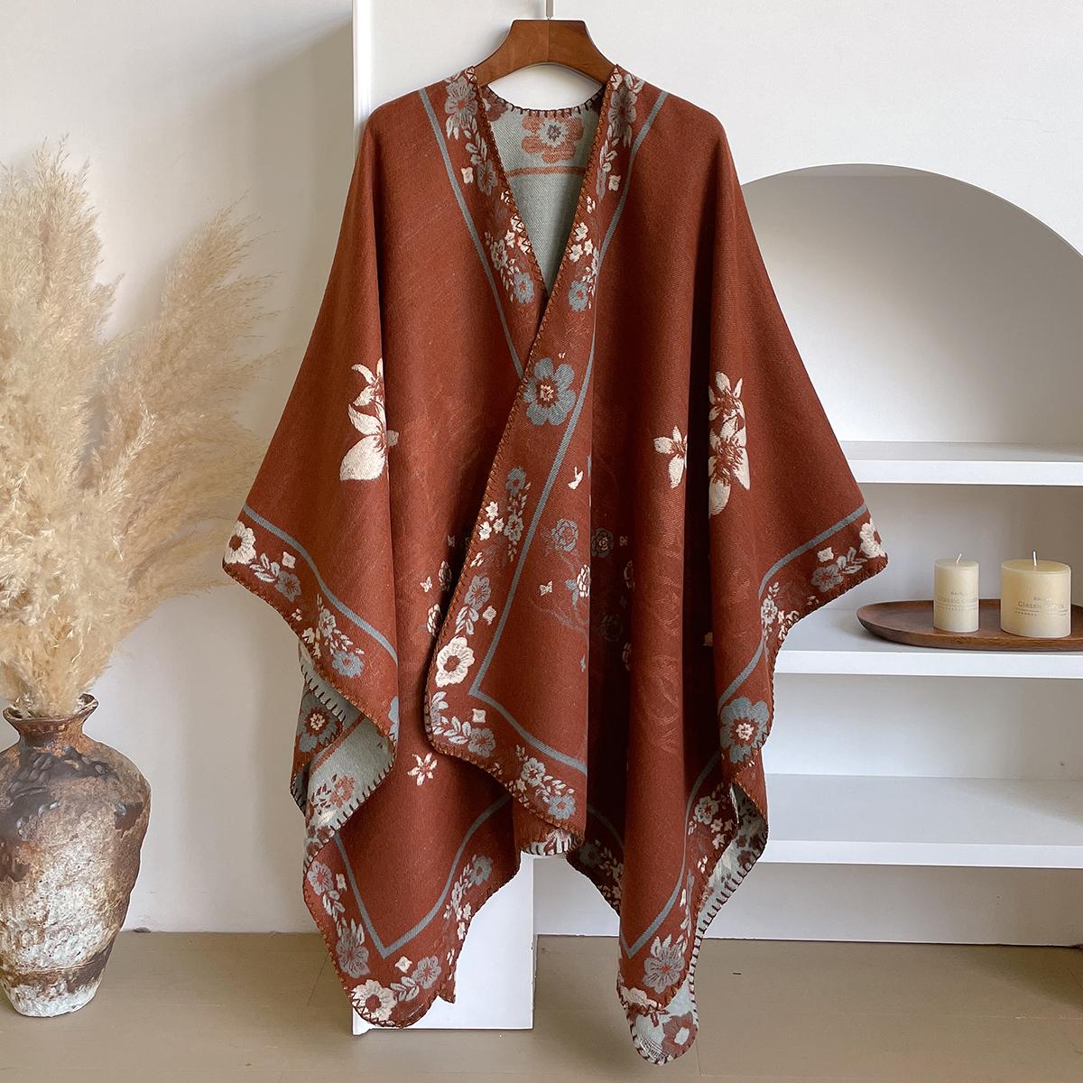 

Fashion Women S Cashmere Winter Shawl - Vintage Floral Printed Oil Painting Style Pashmina Thick Wrap & Poncho