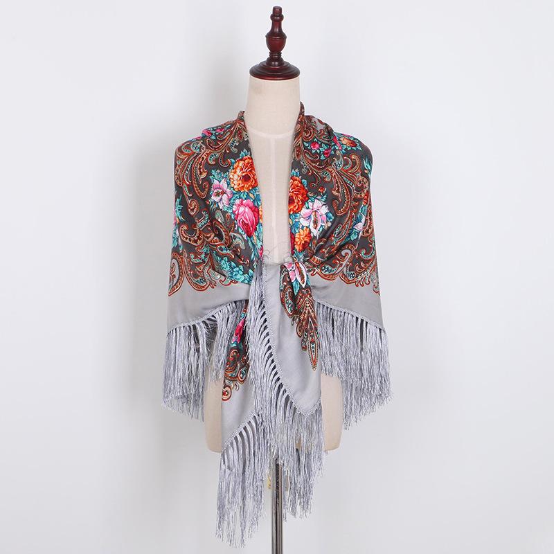 130*130cm Russian National Big Square Scarf for Women Cotton Ethnic Style Print Head Scarves Ladies Retro Fringed Blanket Shawl