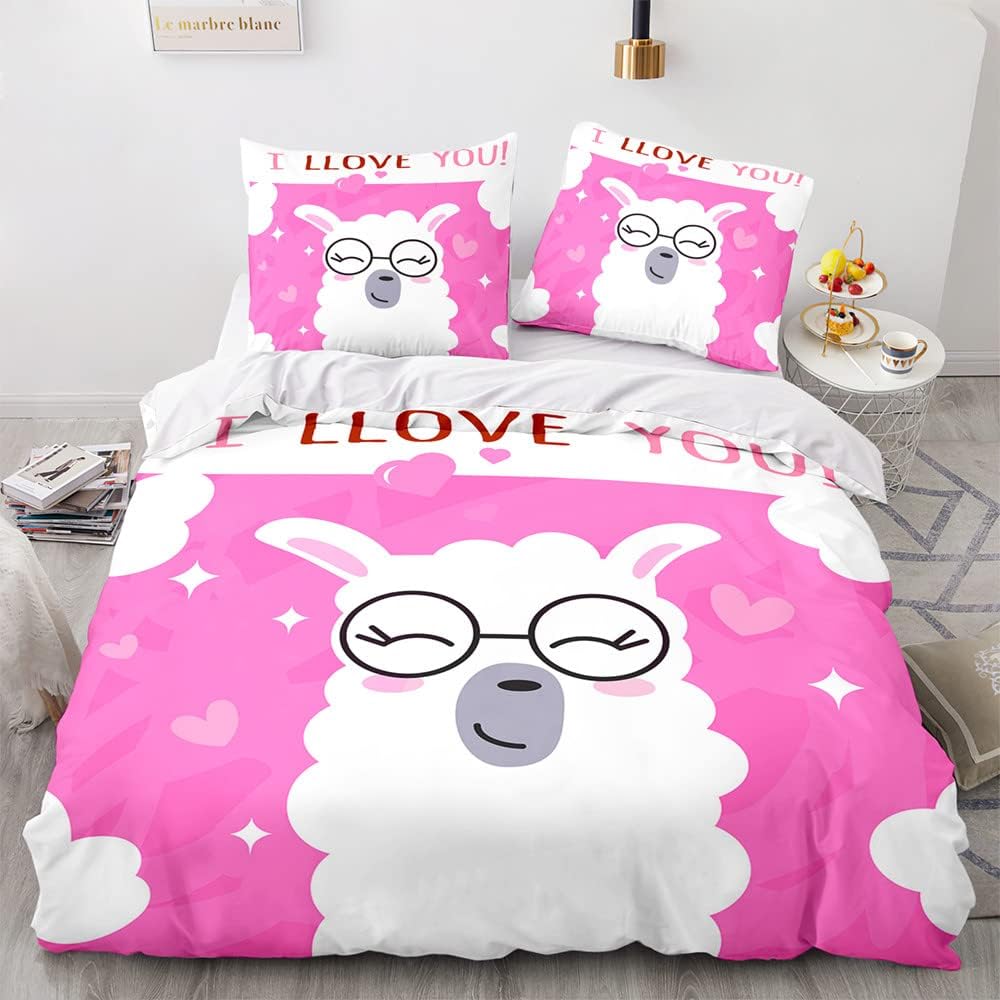 Cute Llamas Duvet Cover Set,Kawaii Alpaca BeddingSet 2pcs for Kids Girl Bedroom Decor,Cartoon Animal Quilt Cover with Pillowcase