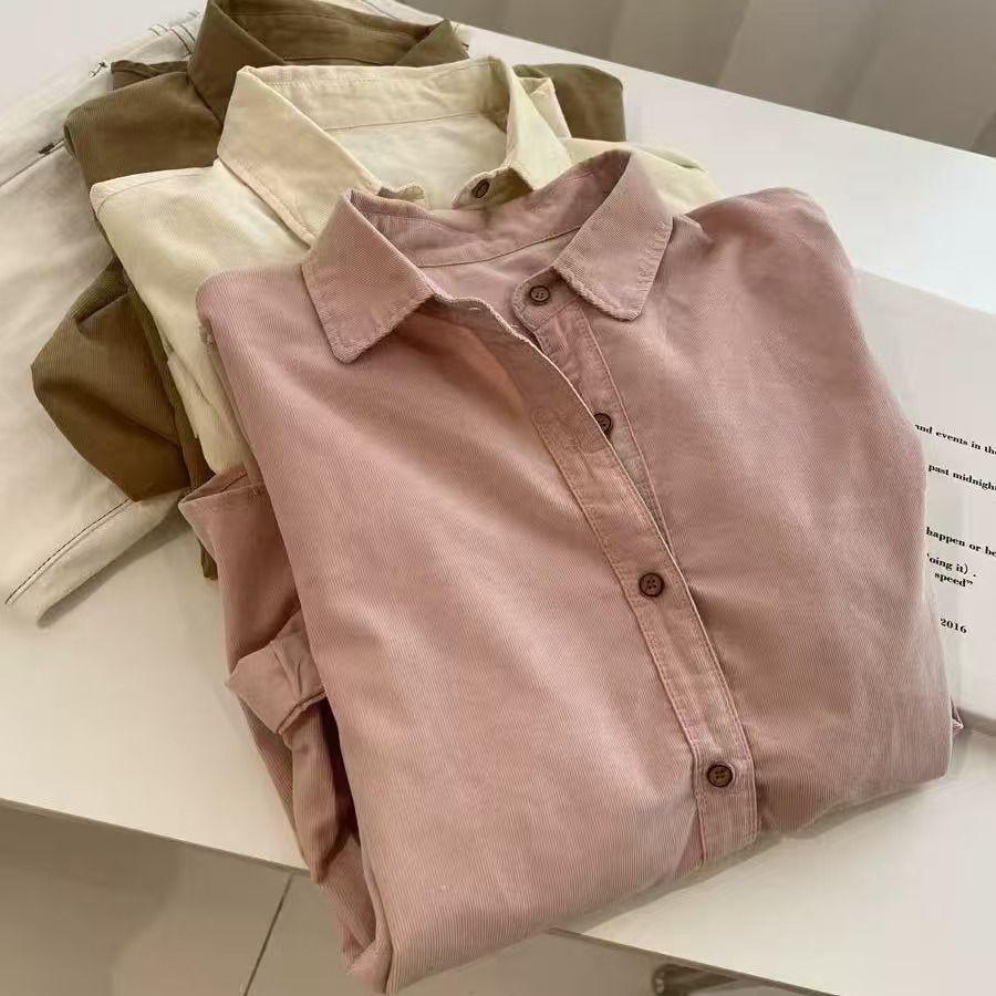 Women's Retro Corduroy Layering Shirt - Loose Fit, Casual Long-Sleeved Top