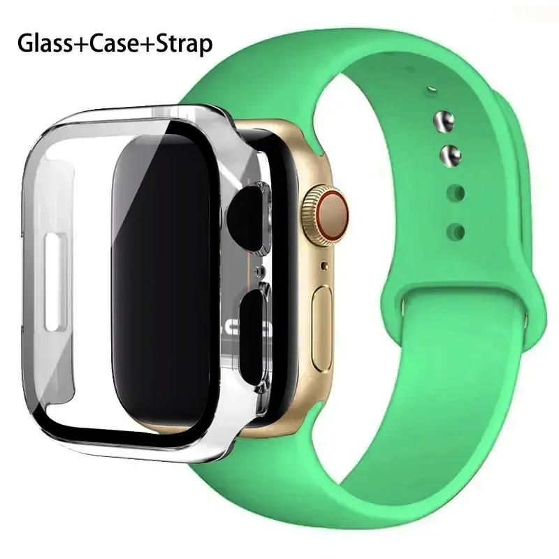 Glass+Case+Strap For Apple Watch band 46mm 45mm 44mm 41mm 40 38mm Silicone watchband bracelet iWatch series 10 9 8 7 6 5 4 3 SE