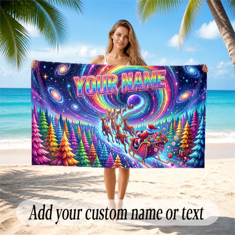 Christmas Theme Quick Dry Beach Towel Custom Name Text Print Large Sand Resistant Towel Beach Vacation