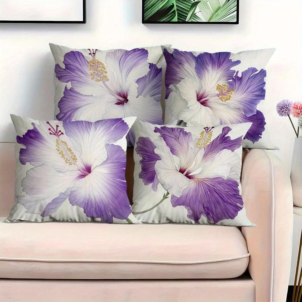 Purple & White Hibiscus Pillowcase: Realistic Floral-Themed Cushion Cover For Home Sofa Decor