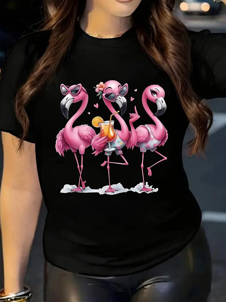 Tre T-shirt Moda Stampate con Fenicotteri Casual a Manica Corta Girocollo Comodi Top Moda Quotidiana Abbigliamento Estivo da Donna