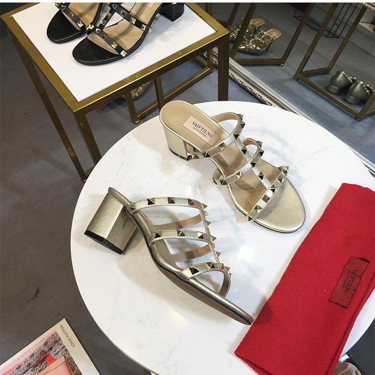 Women's Sandals Summer Woman Heeled Slipper Sandals Leather Brand Rivets High Heels Gladiator Ladies Shoes