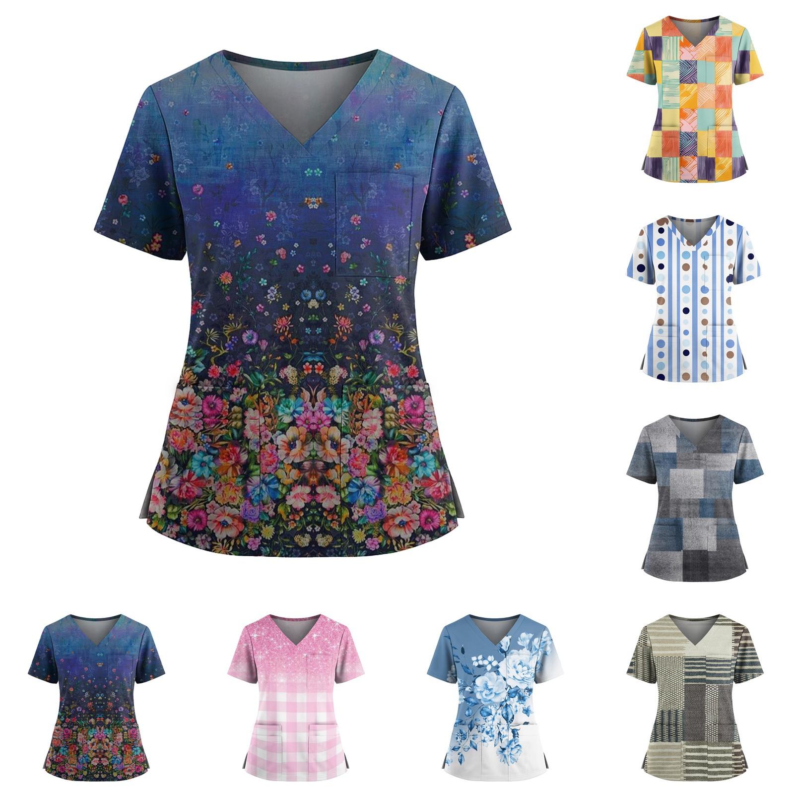 

Women s Casual Printed V-Neck Pocket Side Slit Short Sleeved Top Short Sleeved Top XL небо синє кольору